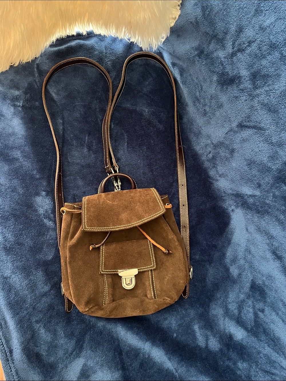 Roots Brown Suede leather Mini Drawstring Backpack with Front Clasp